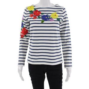 Ports Womens Blue Floral Striped Cotton Crew Neck Long Sleeve T-Shirt Size XS